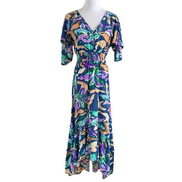 NWT ABEL THE LABEL PURPLE GREEN SALVIA PRINT SHORT SLEEVE HIGH LOW MAXI DRESS - Picture 1 of 8
